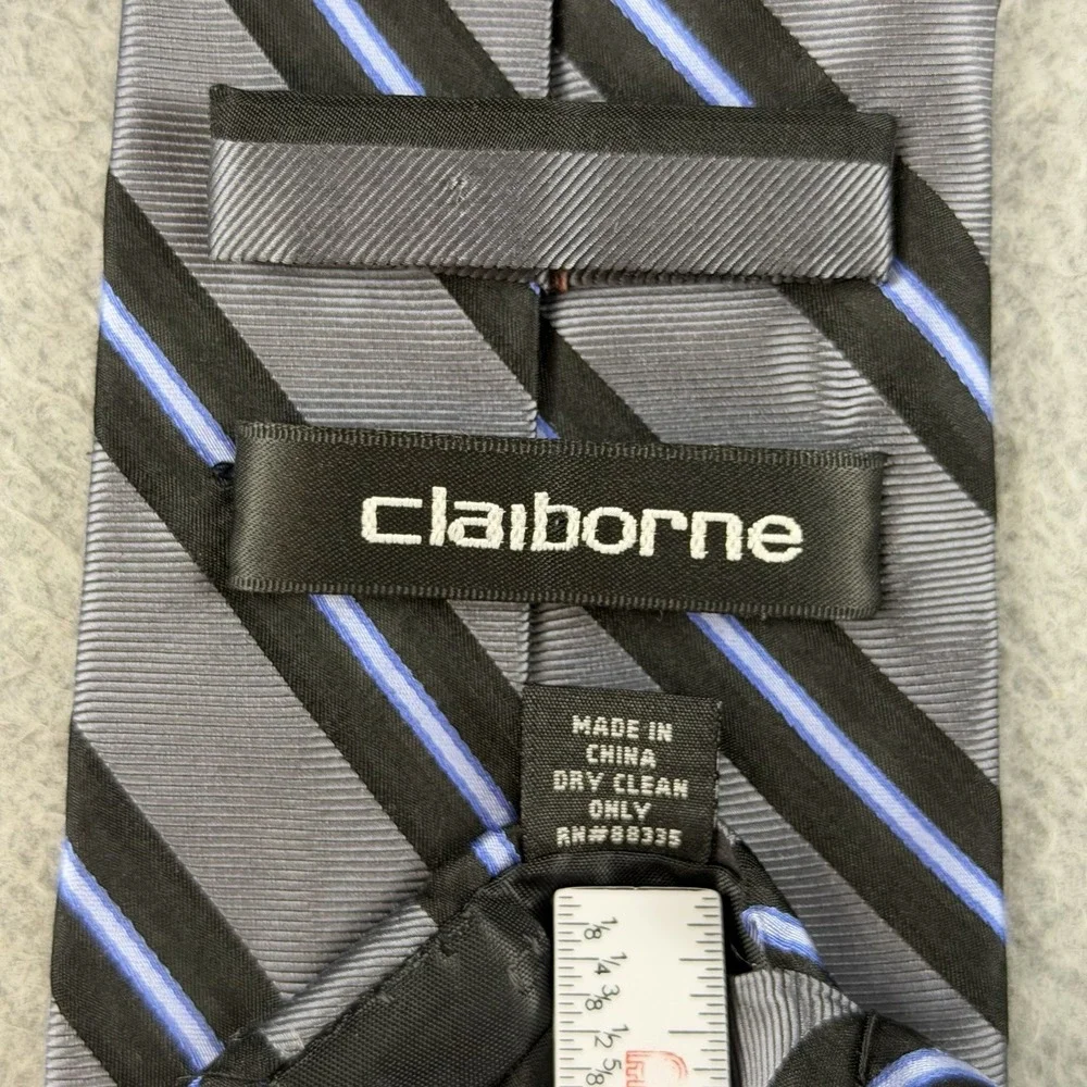 Claiborne Gray Black Blue Repp Striped Men's Neck Tie Classic 58x3.75